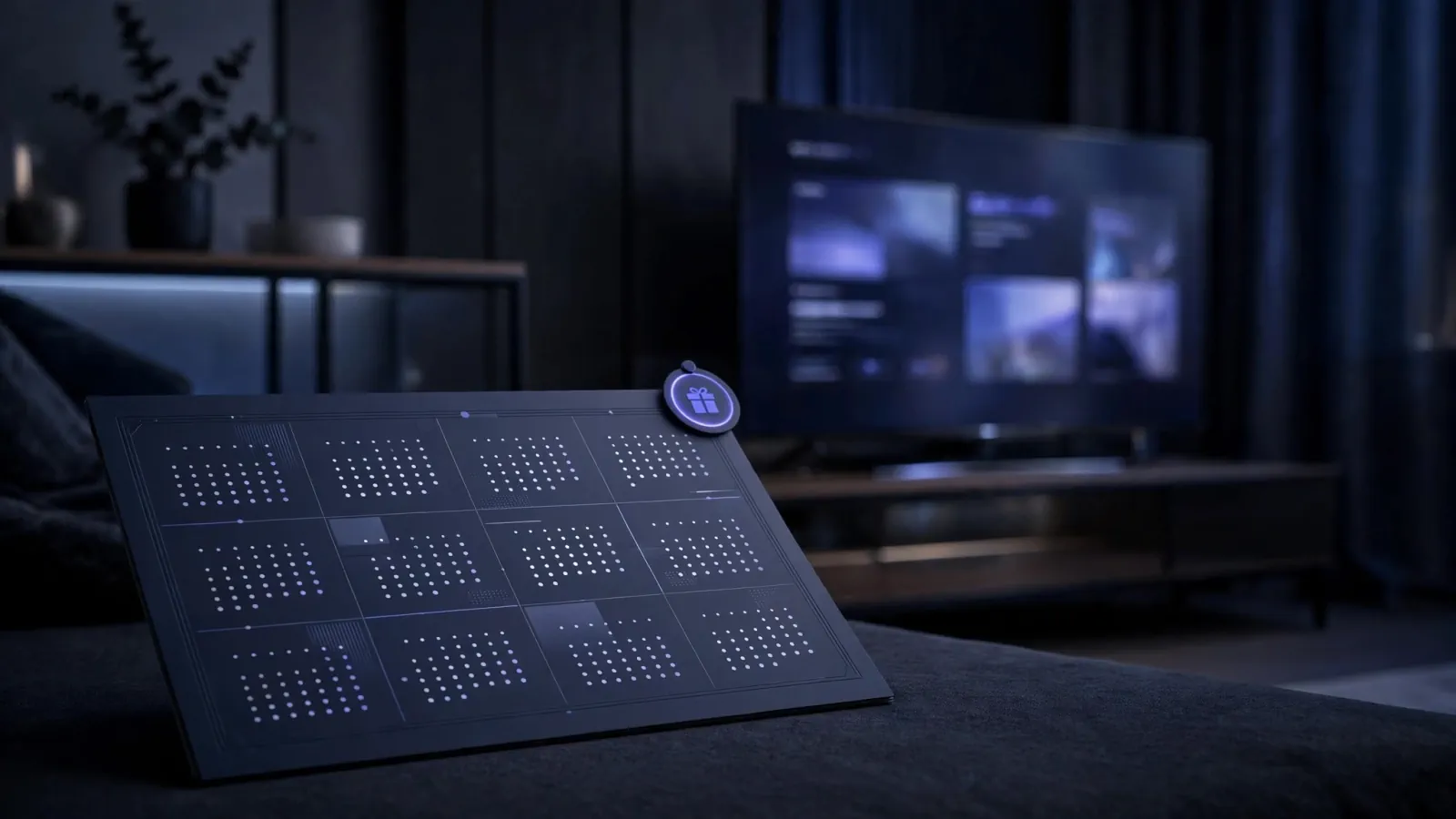 Abonnement IPTV 12 mois : l'année complète à 49,99 € : calendrier annuel stylisé sur fond sombre avec un badge « 1 mois offert »