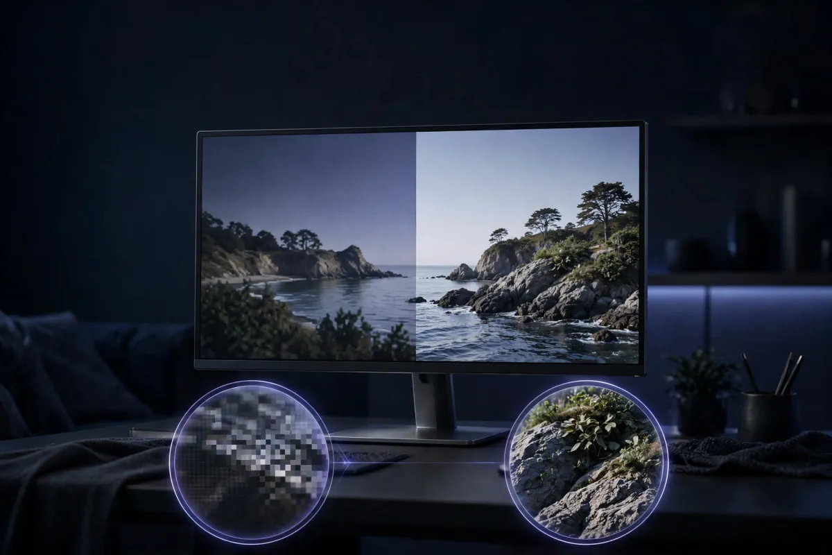 Comparaison côte à côte Full HD vs 4K sur un même écran (zoom sur détails)