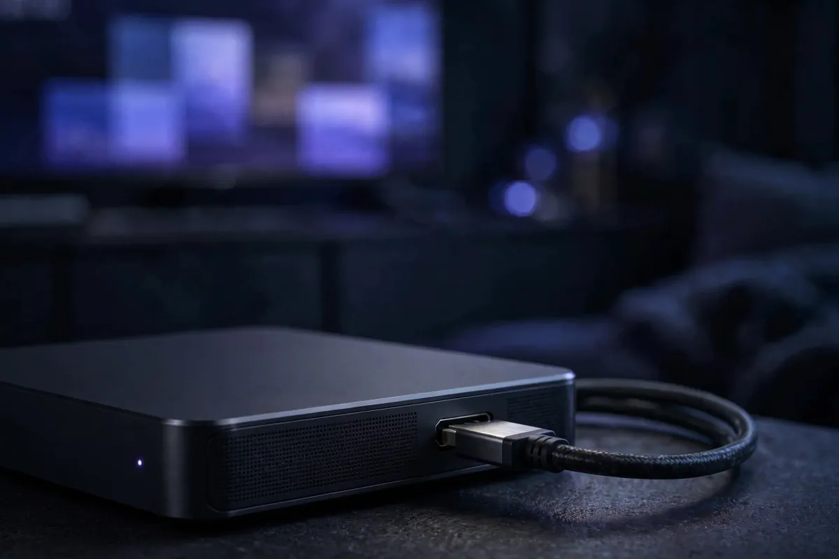 Box Android TV et câble HDMI 2.1, gros plan