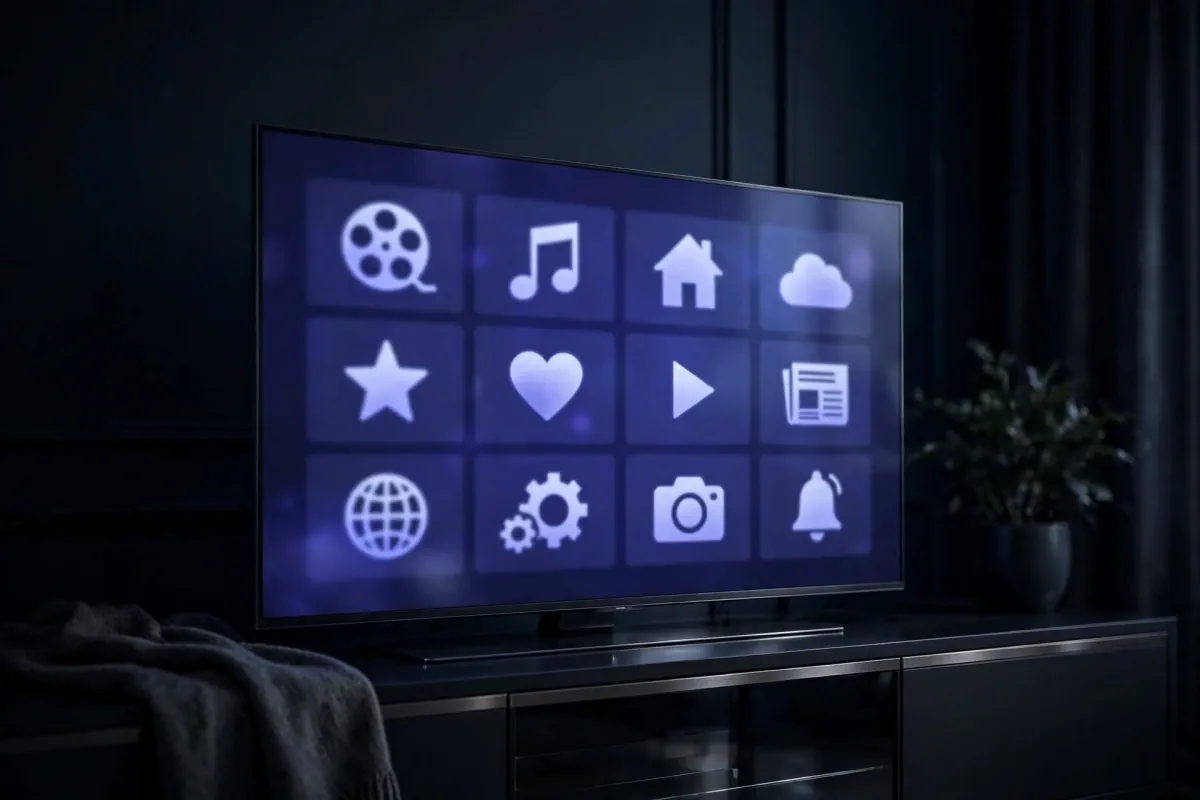 Écran d'EPG en français flouté avec logos remplacés par des pictogrammes