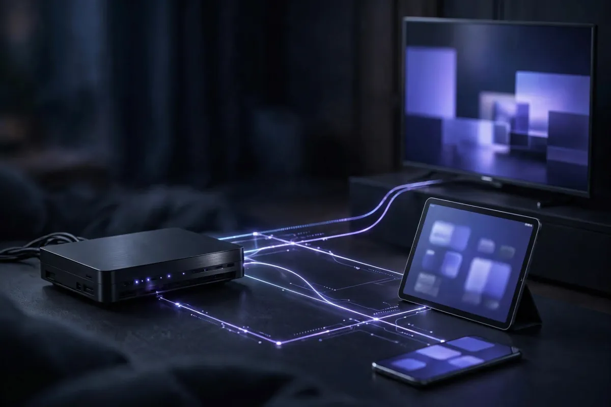 Schéma réseau domestique stylisé : box → TV, tablette, mobile