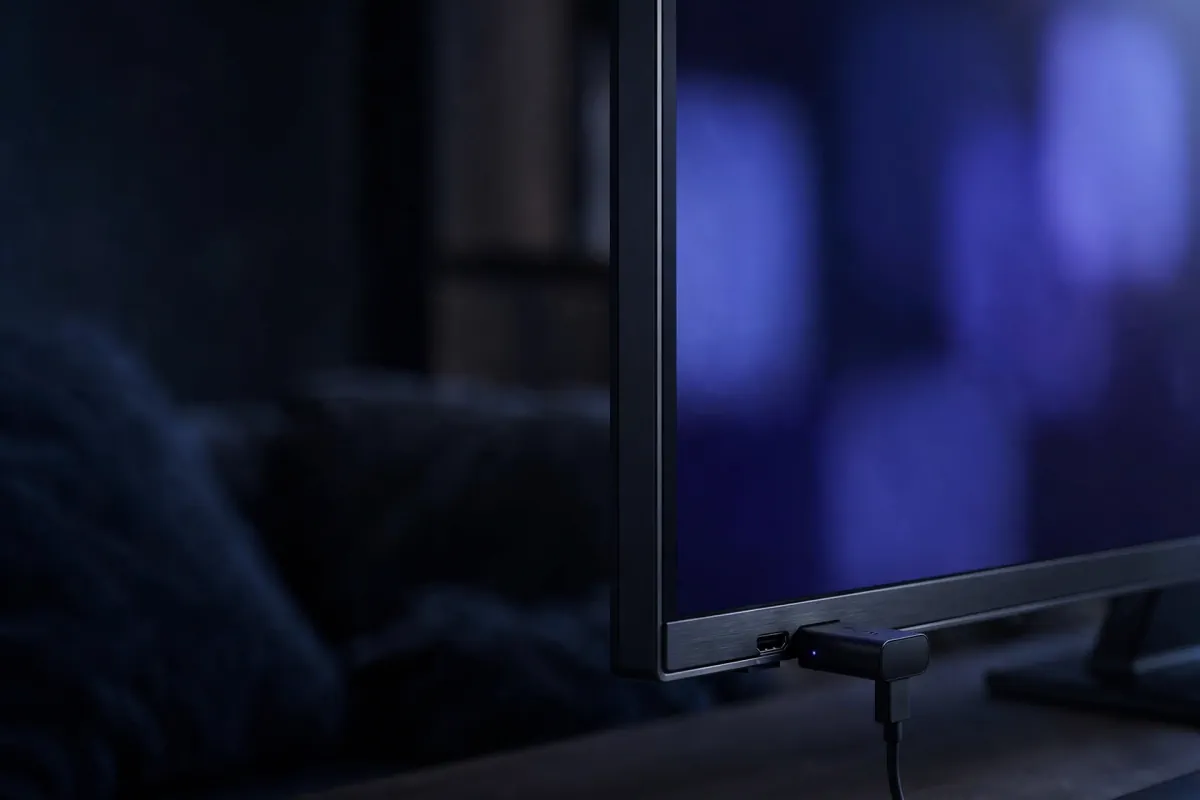 Gros plan sur une Smart TV et un Fire TV Stick branchés, écran de connexion Xtream flouté