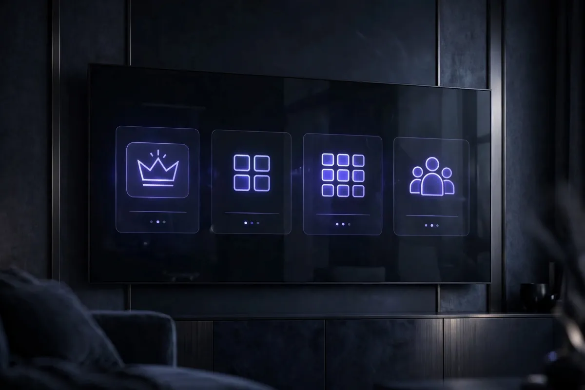 Tableau des 4 gammes rendu comme une infographie (Premium, 4K, 8K, Famille) avec prix mensuels, style dark UI