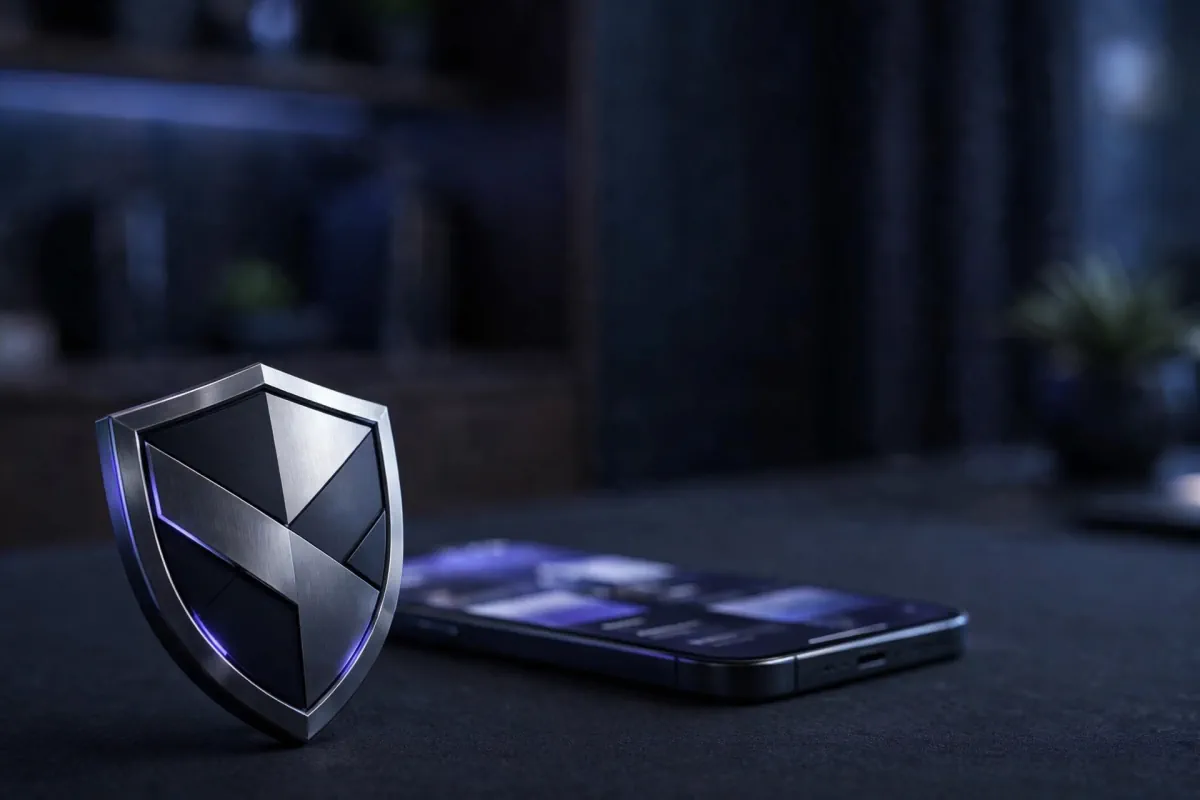 Bouclier stylisé devant un smartphone