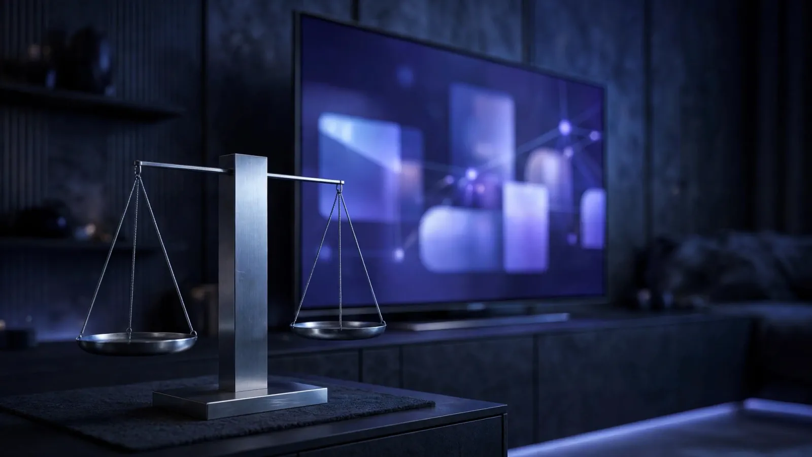 IPTV illégale en France : ce que dit la loi en 2026 : balance de justice stylisée devant un téléviseur