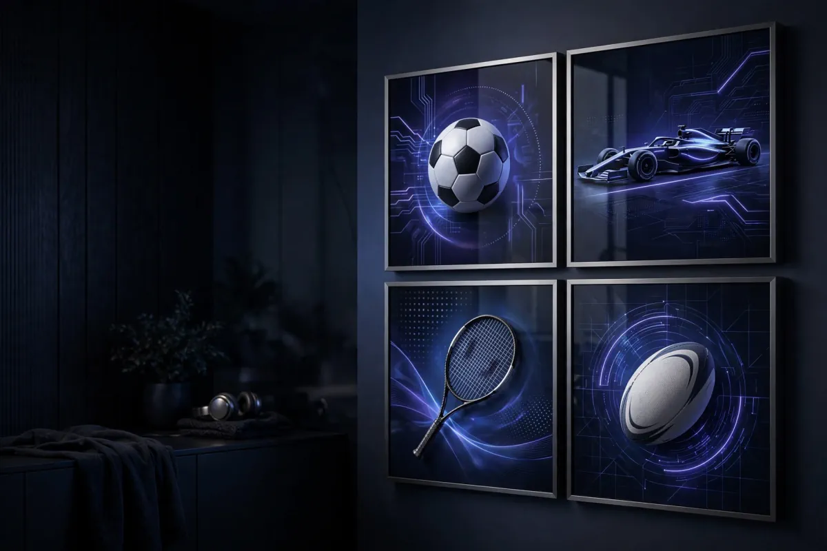 Mosaïque de sports (ballon, F1, raquette, ballon ovale) stylisée