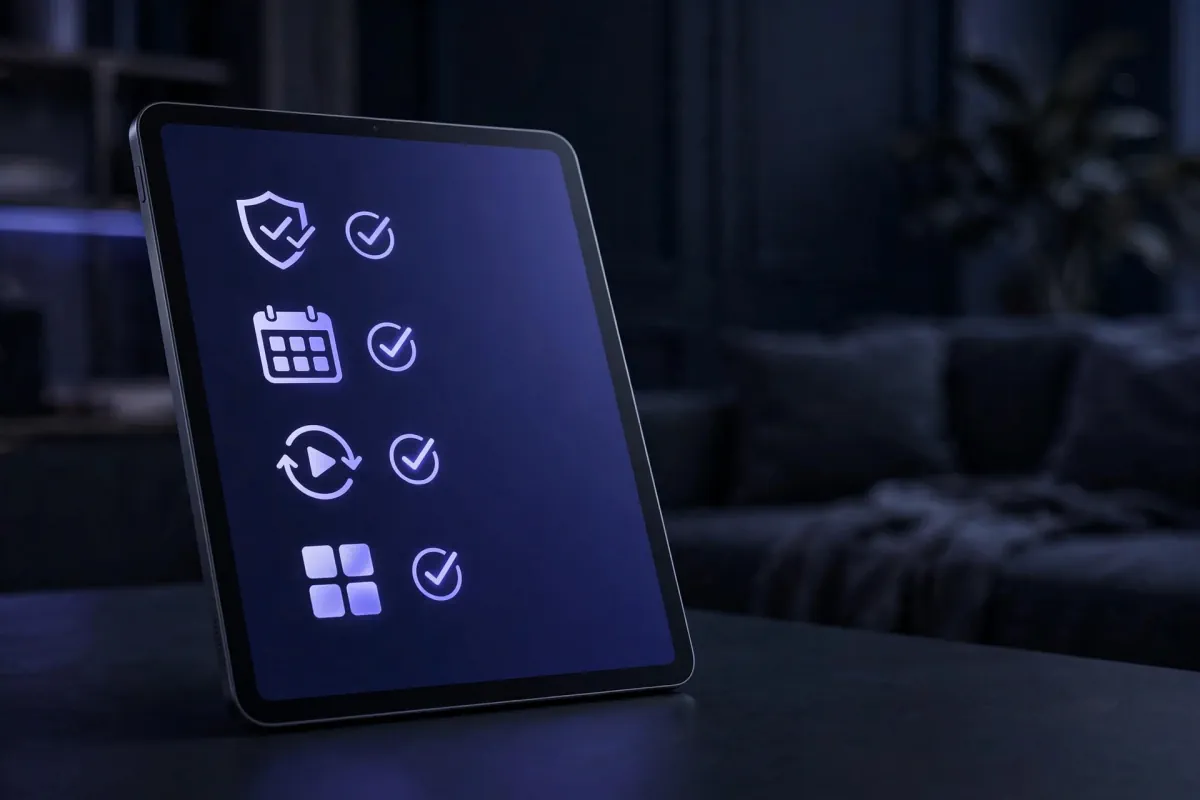 Check-list illustrée (stabilité, EPG, replay, 4K) sur tablette