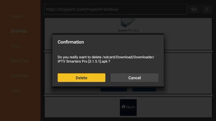 Confirmation Delete APK Smarters Pro sur Firestick