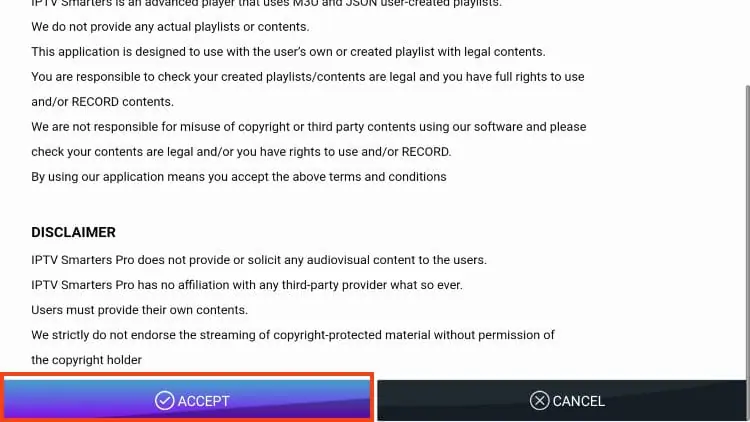 Acceptation des conditions d'utilisation Smarters Pro