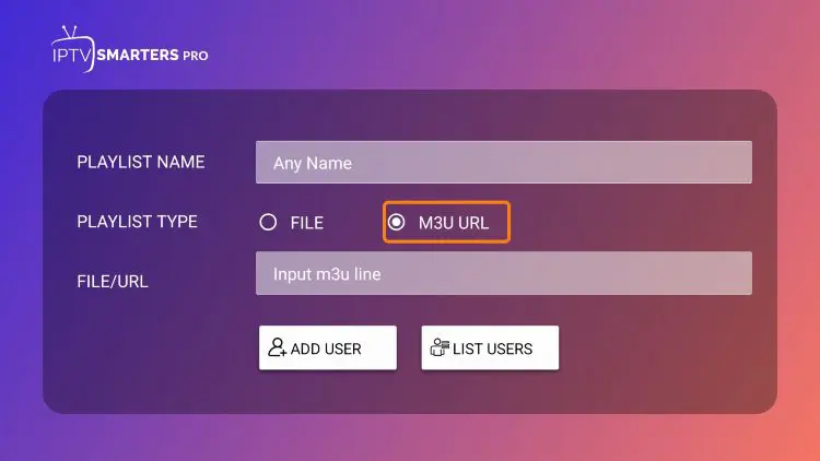 Saisie URL M3U dans Smarters Player Lite