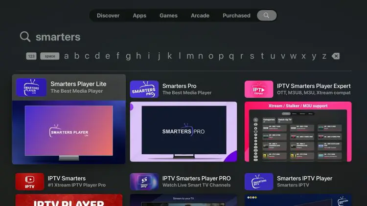 Recherche Smarters Player Lite dans App Store Apple TV
