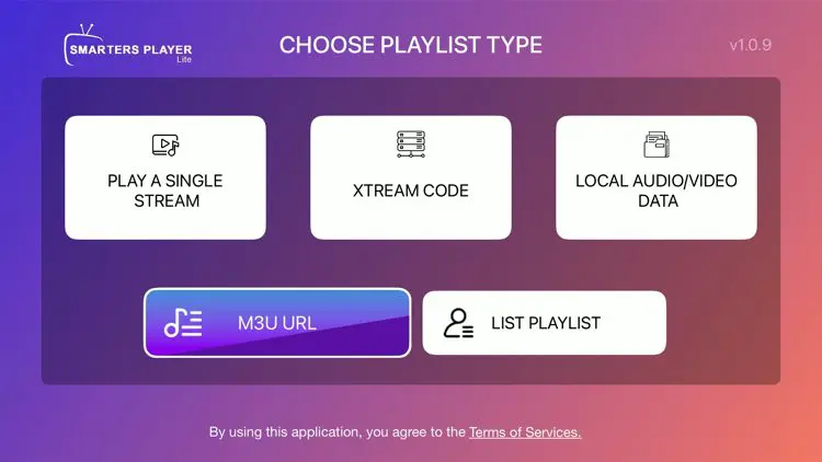 Choix méthode de connexion playlist Smarters Player Apple TV