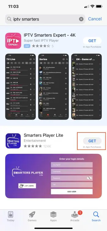 Smarters Player Lite dans App Store iOS sur iPhone