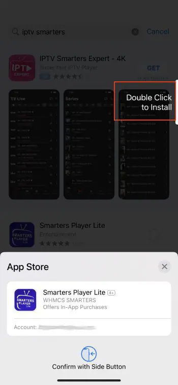 Bouton Install Smarters Player Lite sur iPhone iOS