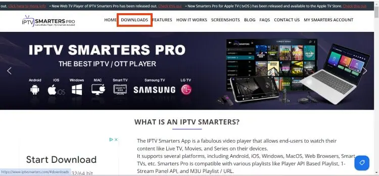 Section Downloads sur le site officiel iptvsmarters.com