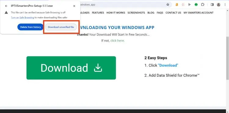 Choix download unverified file pour installeur Smarters Pro