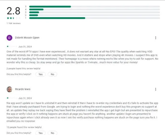 Évaluations 1 étoile IPTV Smarters sur Play Store