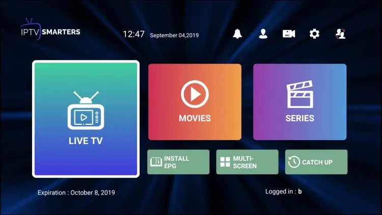 Menu Install EPG sur écran principal Smarters Pro