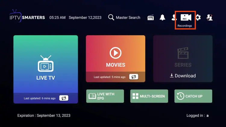 Menu Recordings sur écran d'accueil Smarters Pro