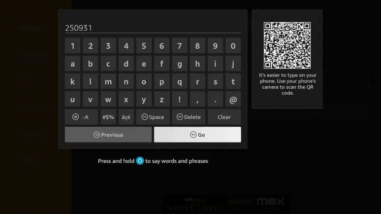 Saisie code Toolbox 250931 dans Downloader Firestick