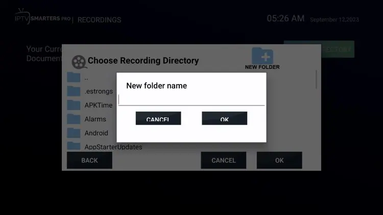 Saisie nom de dossier Recordings au clavier Smarters