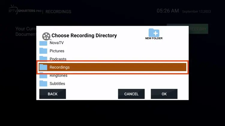 Sélection du dossier Recordings dans le stockage Firestick