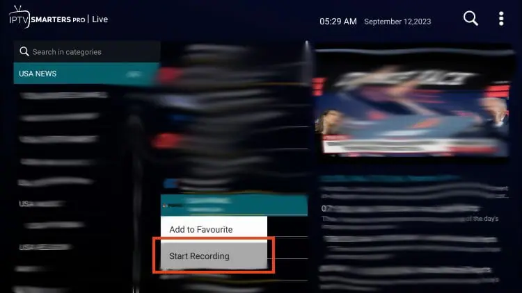 Démarrage Start Recording sur chaîne IPTV Smarters Pro