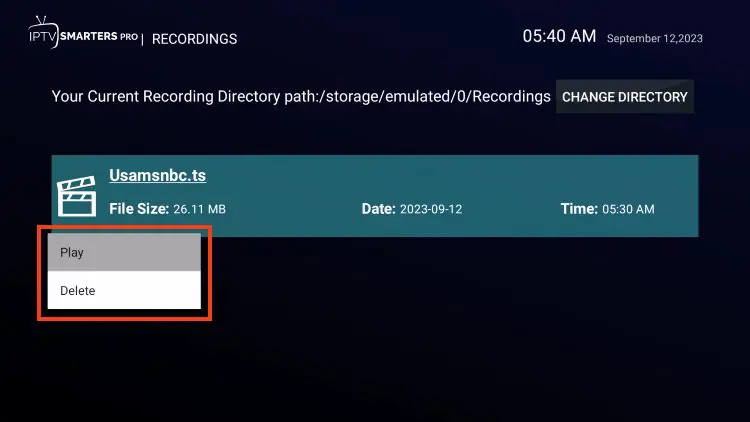 Lecture ou suppression d'un enregistrement IPTV Smarters