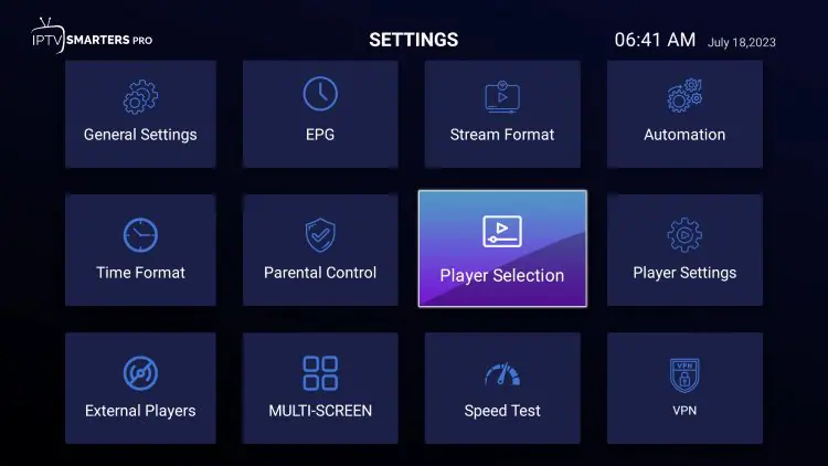 Player Selection dans paramètres Smarters Pro