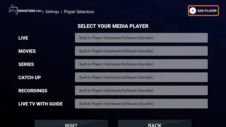 Bouton Add Player lecteur vidéo externe Smarters Pro