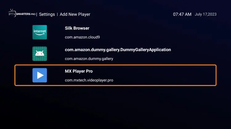 Choix MX Player comme lecteur externe Smarters Pro