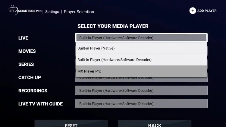 MX Player sélectionné par défaut dans Smarters Pro