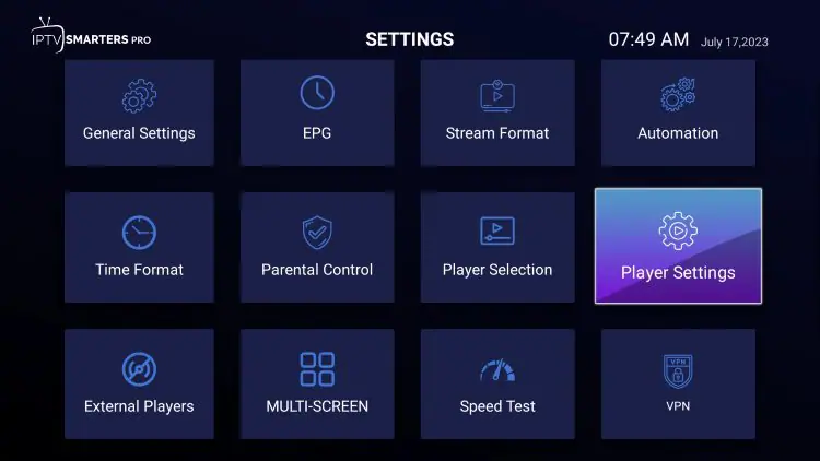 Paramètres du lecteur vidéo dans Smarters Pro