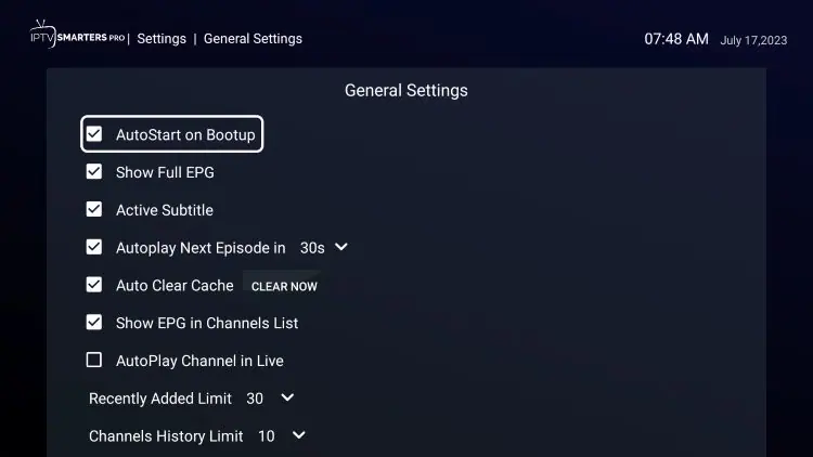Désactivation AutoStart on Bootup General Settings Smarters