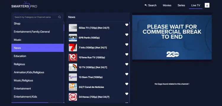 Navigation des chaînes IPTV dans le lecteur Web Smarters Pro